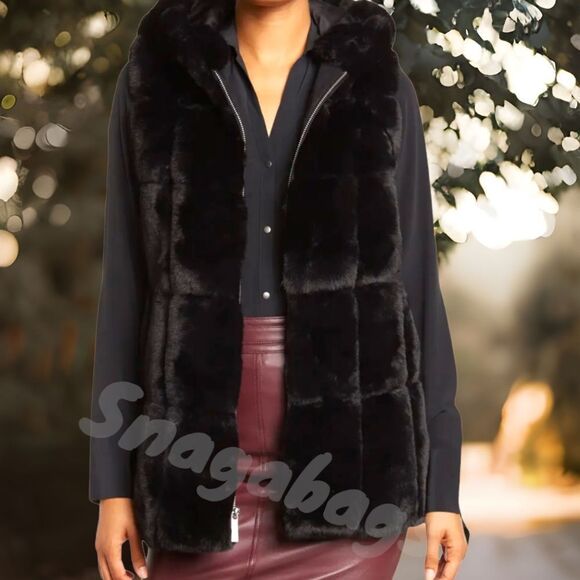 MICHAEL KORS NEW WITH TAGS WINDOWPANE BLACK FAUX FUR HOODED VEST JACKET MEDIUM - Picture 12 of 13